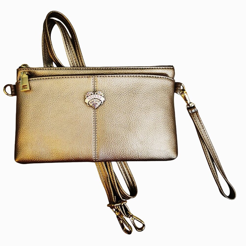 Interchangeable Snap Charm on 3-Zippered Compartment Wristlet/Crossbody Bag